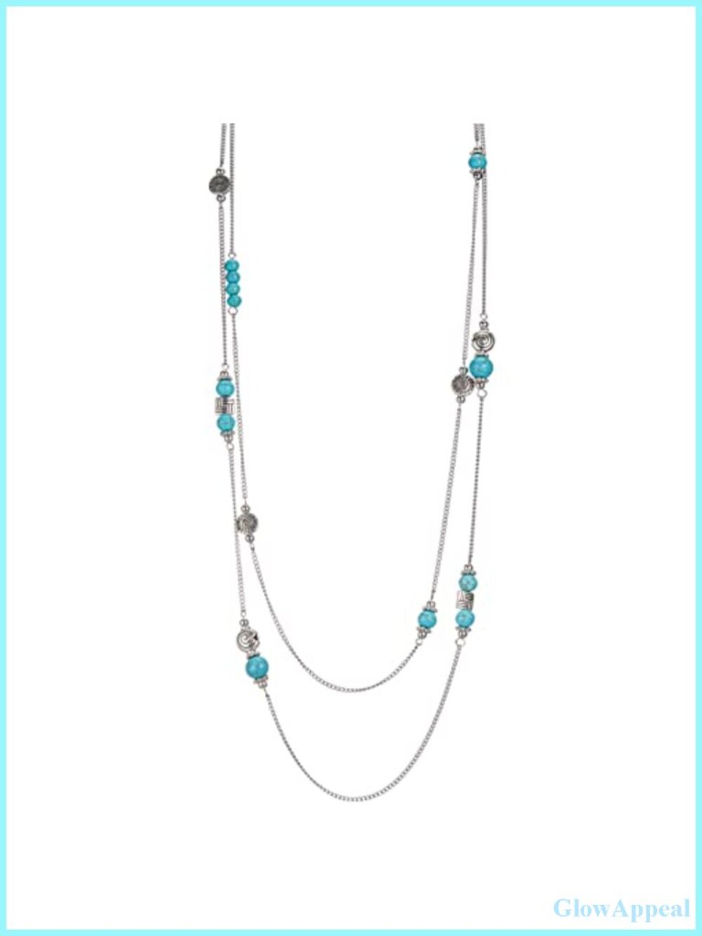 Layered Silver Long Necklace Turquoise Stone Beaded Strand Sweater Chain